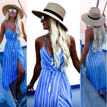 Naujai 2020 Mados Bohemijos Moterų Suknelė Mėlyna Dryžuotas Varčias Rankovių Giliai V-Kaklo Aukštos Juosmens Kulkšnies Ilgis Suknelė Vasaros Sundress
