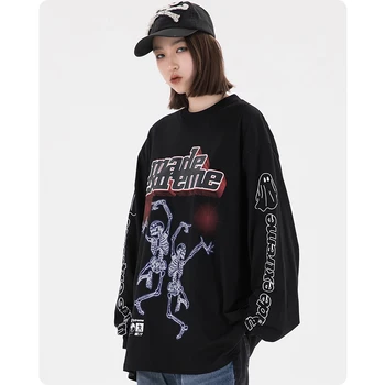 Velnias šoka Hip-hop ilgomis Rankovėmis Marškinėlius (t-shirt negabaritinių Moterims, vyriški drabužiai Harajuku spausdinimo Aukštosios gatvės mados