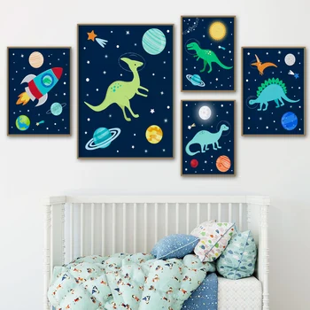 Kosmoso Astronautas Dinozaurų Planeta Raketų Darželio Plakatai Ir Spausdina Sienos Meno Tapybos Drobės Sienos Nuotraukas Kūdikių Vaikai Kambario Dekoro