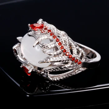Mados Kūrybos Mėnulio Akmuo Plunksnų Bezel Nustatymais Žiedai Moterims Vintage Red Ruby Dalyvavimas Vestuvių Žiedas
