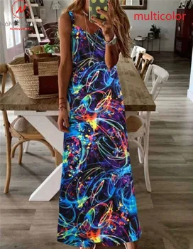Madingų Moterų Vasara-Line Suknelė Kratinys Dizainas Diržas Rankovių V-Kaklo Vidurio Juosmens Kelių Spalvų Šviesos Spausdinti Ilga Suknelė