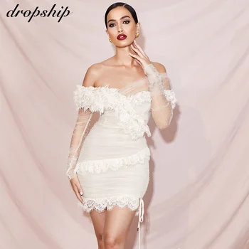 Dropship Ilgas Rankovė Nuo Peties Suknelė Vasaros 2020 Balta Nėrinių Suknelė Bodycon Celebrity Club Šalis Suknelės Moterims Vakaras