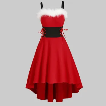 Moteriški Off Peties Kalėdų Dress Faux-fur Nėrinių Nesimetriškas Aukštas Žemas Midi Suknelė Suknelės Moterims Ropa De Mujer