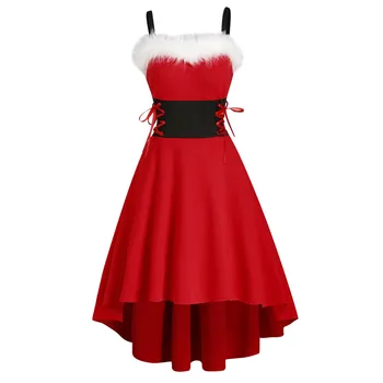 Moteriški Off Peties Kalėdų Dress Faux-fur Nėrinių Nesimetriškas Aukštas Žemas Midi Suknelė Suknelės Moterims Ropa De Mujer