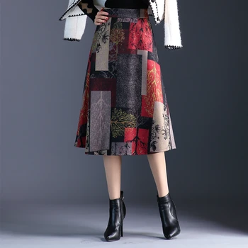 Fashion Street Wear Midi Sijonas Moterims Estetinės Vilnonių Rudenį, Žiemą Sijonus Moterų Aukšto Juosmens Print-line Sijonas Plius Dydis