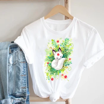 Moterų Drabužiai Katė Gėlių Žiedų, Augalų Nauja Tendencija Kawaii Gyvūnų Mielas 90s Drabužius Spausdinti Tee Viršuje Marškinėlius Moterų Grafinis T-shirt