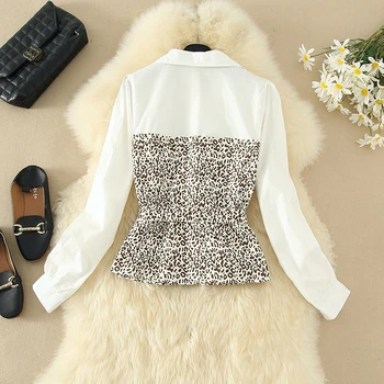 Streetwear Leopard Balti Žibintai Rankovėmis Palaidinė Marškinėliai Kratinys Kontrasto Spalvų 2020 Mada Moterims Palaidinės, Topai Megztinis Naujas Diržas