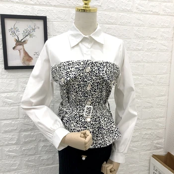 Streetwear Leopard Balti Žibintai Rankovėmis Palaidinė Marškinėliai Kratinys Kontrasto Spalvų 2020 Mada Moterims Palaidinės, Topai Megztinis Naujas Diržas