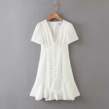 Foridol derliaus mygtuką balto šifono suknelė moterims, vasarą, rudenį pynimas v kaklo šalis suknelė elegantiškos ponios trumpą suknelę vestidos 2020 m.