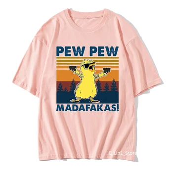 Juokinga antis su šautuvu rausvos spalvos marškinėliai moterims Pew Pew Madafakas animacinių filmų spausdinti moterų marškinėliai harajuku kawaii drabužius 