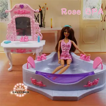 Barbie Doll Baldų Priedai Plastiko Žaislas Rose Vonios kambarys, Vonia tualetinis staliukas, Veidrodis Muilo Žaisti Namus, Dovanų Mergaitė 