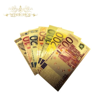 7pcs/daug Spalvų Eurų Banknotų Rinkinius 5 10 20 50 100 200 500 EUR Aukso Banknotų 24K Aukso Netikrą Popierinių Pinigų Kolekcija