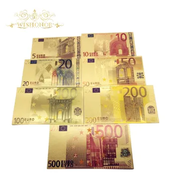 7pcs/daug Spalvų Eurų Banknotų Rinkinius 5 10 20 50 100 200 500 EUR Aukso Banknotų 24K Aukso Netikrą Popierinių Pinigų Kolekcija