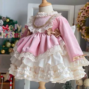 Baby Girl Rudens Žiemos Rožinės spalvos Aksomo Derliaus ispanijos Pompom Kamuolys Princesė Lolita Dress Kalėdų Gimtadienis