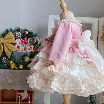 Baby Girl Rudens Žiemos Rožinės spalvos Aksomo Derliaus ispanijos Pompom Kamuolys Princesė Lolita Dress Kalėdų Gimtadienis