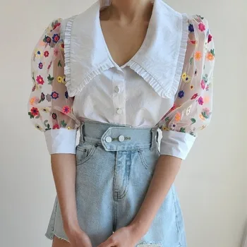 2020 Naujas Mados Vasaros Tinkleliu Siuvinėta Mažai Daisy Marškinėliai Moteris Sluoksniuotos Rankovėmis Kratinys Negabaritinių Palaidinė