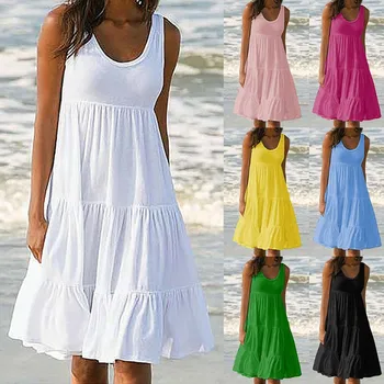 2021 moterų 7-spalvos, 5 dydžio be rankovių apvalios kaklo kratinys sūpynės paplūdimio sijonas moterims balta suknelė ponios suknelės