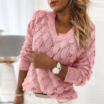 V-kaklo prarasti moterų mezgimo megztinis ilgomis rankovėmis moteris rudens-žiemos rožinis megztinis atsitiktinis gatvės stiliaus megztinis 2021