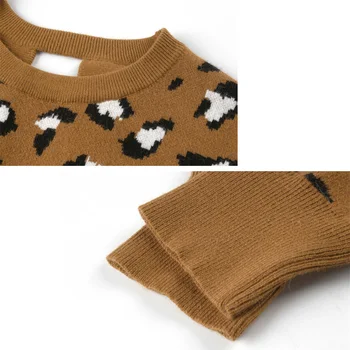 Rudenį Mezgimo Megztiniai Leopardas Modelis ilgomis Rankovėmis Atgal Tuščiaviduriai Moterų Viršūnių Atsitiktinis Mados Lady Visas rungtynes, Streetwear Puloveriai