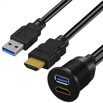 USB 3.0 & HDMI į HDMI + USB3.0 AUX Pratęsimo Dash Skydelis Vandeniui Automobilių Flush Mount Kabelis Automobilio, laivo ir Motociklo - 3ft 204