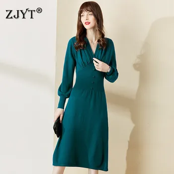 Jauni Stiliaus Mados Dizainerių Rudens-Žiemos Long Sleeve V-Kaklo Vilnos Megztinis Suknelė Office Lady Elegantiškas Vestido Moters Drabužius 2020 M.