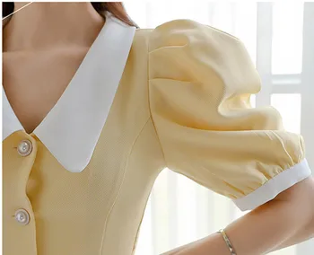 BLLOCUE 2020 m. Vasarą Naująjį korėjiečių Moterų Suknelė Retro Burbulas Rankovės Lėlės Apykaklės Single-breasted Midi Slim slidinėti Suknelė