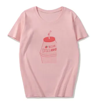 Korėjos Stiliaus Kawaii Braškių Pieno Animacinių Filmų Gėrimų Spausdinti Marškinėlius Harajuku Rožinės Spalvos Mergaitišką Širdies Ulzzang Kpop Moterų Streetwear