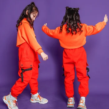 Hip-Hop Drabužių Nustatyti Kostiumas Mergaitėms Orange Apkarpytos Palaidinukė Jogger Kelnes Džiazo Pramoginių Šokių Drabužių Streetwear