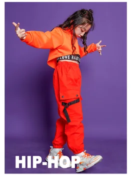 Hip-Hop Drabužių Nustatyti Kostiumas Mergaitėms Orange Apkarpytos Palaidinukė Jogger Kelnes Džiazo Pramoginių Šokių Drabužių Streetwear