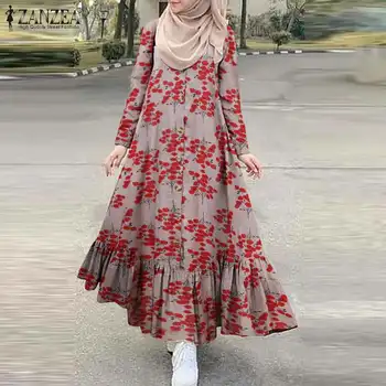 2021 ZANZEA Derliaus Spausdinti Maxi Suknelė Moterų Rudenį Sundress Atsitiktinis Gėlių Pynimas Vestidos Moterų Apdaras Femme Suknelės, Plius Dydis