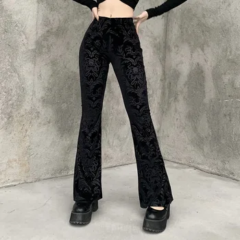 Punk Spausdinti Juodo Aksomo Užsiliepsnojo Kelnės Rudenį 2020 M. Aukštos Juosmens Retro Gotikos Medvilnės Pločio Kojų Moterų Kelnės E Mergina Harajuku Jogger