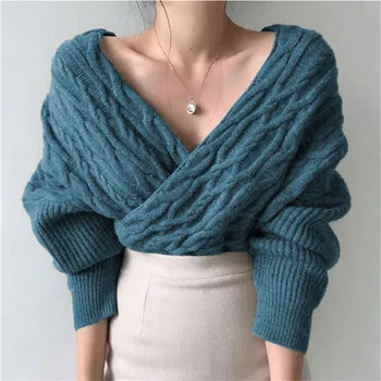 2021 m. pavasarį naujas V-kaklo, seksualus cross-twist megztinis megztinis korėjos stiliaus megzti top moterims
