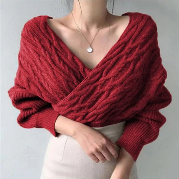 2021 m. pavasarį naujas V-kaklo, seksualus cross-twist megztinis megztinis korėjos stiliaus megzti top moterims