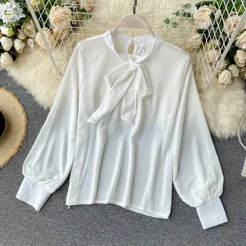 Rudenį 2020 nauja, moterų ilgas rankovėmis marškinėliai Šifono vaiskiai balta universali kuprinė kelnes madingas dviejų dalių komplektas biuro drabužiui