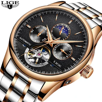LIGE Top Brand Vyrų Laikrodžiai Automatinis Mechaninis laikrodis Tourbillon Sporto Laikrodis Full Steel Verslo Laikrodis Relojes Hombre +box