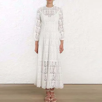 Pavasario Ananasų Modelis Nėrinių Suknelė Moterims Kilimo Ir Tūpimo Tako Elegantiška Vintage Baltas Ilgas, Maxi Dress Ilga Žibintų Rankovės Šalis Suknelė 2020 A788