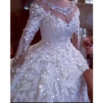 Nauja Afrikos Kristalų Vestuvių Suknelės 2021 Visą Rankovėmis Zawalcowany Reljefiniai Vestuvinės Suknelės 3D Gėlių Nėrinių Vestuvių Suknelės Chalatas De Mariee