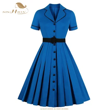 SISHION Royal Blue Medvilnės Moterų Suknelė VD1361 skraiste Vasaros trumpomis Rankovėmis Medvilnės Suknelės Sūpynės 50s Vintage Suknelė Plius Dydis Su Diržu