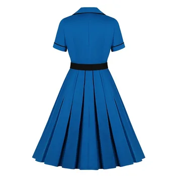 SISHION Royal Blue Medvilnės Moterų Suknelė VD1361 skraiste Vasaros trumpomis Rankovėmis Medvilnės Suknelės Sūpynės 50s Vintage Suknelė Plius Dydis Su Diržu
