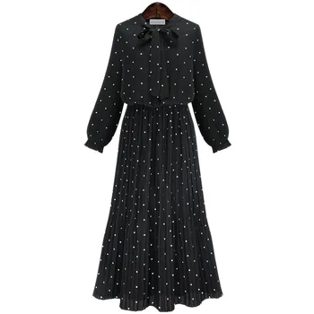 Rudenį polka dot spausdinti juoda ilga suknelė Atsitiktinis ilgomis rankovėmis lankas apykaklės, juosmens depresija, plisuotos suknelė Elegantiškas moteris, midi suknelė