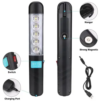 Nešiojamų 5 LED USB Įkrovimo Darbą šviesos 1 Režimas Magnetinio Lanterna Kabinti Kablys Žibinto Lempa, Lauko Kempingas
