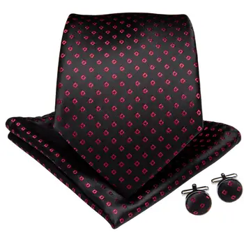 DiBanGu Prabanga Black Red Dot Vyrų prisegamas Šilko Kaklaraištis Vyrams Hanky rankogalių segtukai Necktie Vestuves Verslo Kaklaraištis Nustatyti MJ-7171