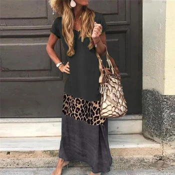 Vasaros 2019 Moterys Naujas Populiarus Trumpas Rankovėmis Atspausdintas V-Kaklo Ilga Suknelė Prarasti Susidūrimo Leopardas Spausdinti Susiuvimo Atsitiktinis Suknelės