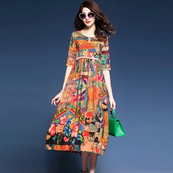 2020 naujas Moterų Suknelė Elegantiškas Gėlių Pavasario Vasaros trumpomis rankovėmis Vestidos Kinijos Derliaus Spausdinimo Dirbtiniais Šilko Suknelės, Aukštos Kokybės