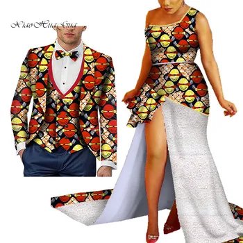 Afrikos Undinė Spausdinti Suknelės Poroms Dashiki Afrikos Porą Drabužių Moterų Suknelė+vyriški Švarkas&Liemenė 3 Gabalus Nustatyti WYQ431