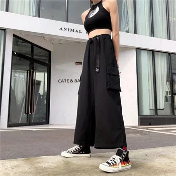 Streetwear Japonija Stiliaus moterų kelnės atsitiktinis Krovinių Kelnės Poilsiu Ulzzang Prašmatnus Kišenių Kelnės Aukštu Juosmeniu Moterų Kelnės Juokinga