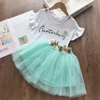 Vaikai Kostiumai 2021 Naujas Vasaros rankovėmis aplikacijos Drabužius + Siuvinėjimo Pearl Tinklelio Suknelė Vaikų Burbulas Drabužių Rinkiniai