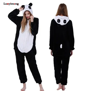 Mielas Animacinių Filmų Panda Pižama Žiemos Gobtuvu Onesie Suaugusiųjų Moterų Gyvūnų Vienaragis Nightie Kigurumi Sleepwear Vilnos Chalatas Jumpsuit