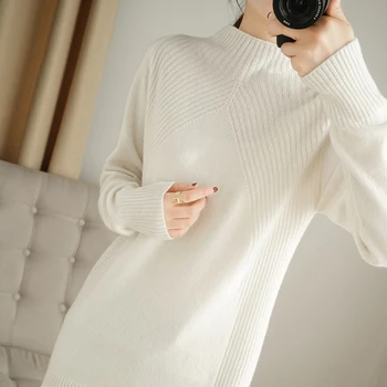 Rudenį, žiemą naujas vilnos megztinis suknelė moterims pusę aukšto kaklo megztinis vidutinio ilgio ilgomis rankovėmis raglan kašmyro megztinis