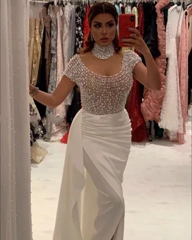 Baltųjų Perlų Arabų Kaftan Vakarinę Suknelę 2021 Trumpomis Rankovėmis, Aukštu Kaklu Dubajus Oficialią Chalatai Ilgai Ponios Prom Dresses Chalatas De Soriee